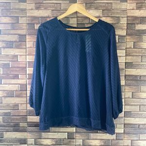 ECLAIR NWT Sheer Chevron Pattern Navy Blue Blouse Large
